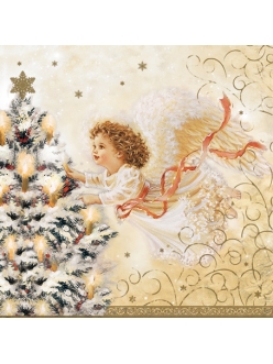 Салфетка новогодняя для декупажа Ангел и новогодняя ель, 25х25 см