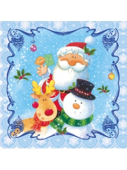 Салфетка новогодняя для декупажа Санта, снеговик, олень, 25х25 см