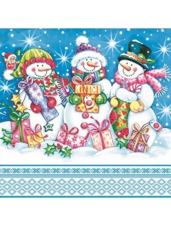 Салфетка новогодняя для декупажа Снеговики с подарками, 33х33 см, POL-MAK