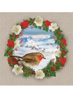 Салфетка новогодняя для декупажа Зимний пейзаж и птичка, 33х33 см, POL-MAK