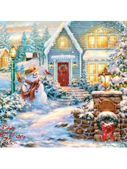 Салфетка новогодняя для декупажа Снеговик и зимний дом, 33х33 см, POL-MAK