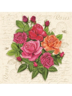 Салфетка для декупажа Красные розы и текст, 33х33 см, POL-MAK