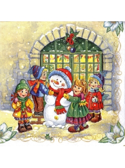 Салфетка новогодняя для декупажа Снеговик и дети, 33х33 см, POL-MAK