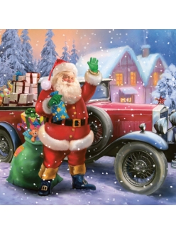 Салфетка новогодняя для декупажа Санта на автомобиле, 33х33 см, POL-MAK