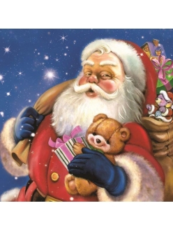 Салфетка новогодняя для декупажа Санта с плюшевым мишкой, 33х33 см