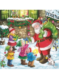 Салфетка новогодняя для декупажа Санта с подарками и дети, 33х33 см, POL-MAK