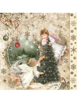Салфетка новогодняя для декупажа Ангелы и Рождественская ёлка, 33х33 см, POL-MAK