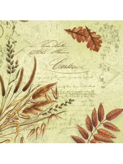 Салфетка для декупажа Осенние травы и листья, салатовый фон, 33х33 см
