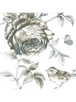 Салфетка для декупажа Монохромные цветы, птичка, 33х33 см