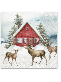 Новогодняя салфетка для декупажа Красный дом в снегу, 33х33 см, Paw (Польша)