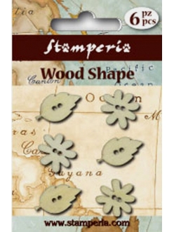 Набор декоративных деревянных пуговиц "Цветы и листья", 6 штук, Stamperia (Италия)
