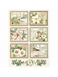 Новогодняя рисовая для декупажа Зимняя ботаника, почтовые марки, Stamperia формат А4
