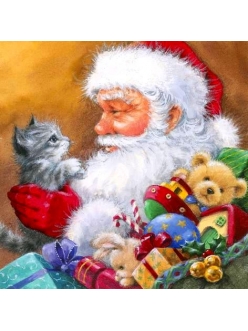 Салфетка для декупажа Санта с котенком, 33х33 см, Германия