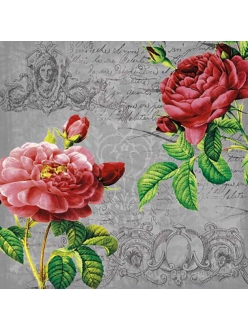 Салфетка для декупажа Розы, текст и орнамент, 33х33 см, Германия