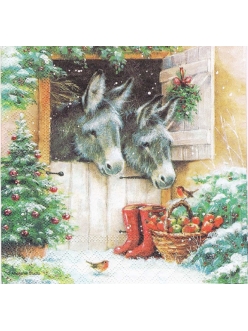 Салфетка новогодняя для декупажа Рождественские ослики, 33х33 см, Ambiente Голландия