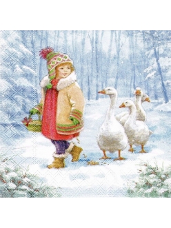 Салфетка новогодняя для декупажа Девочка и гуси, 33х33 см, Ambiente Голландия