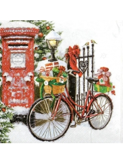 Новогодняя салфетка для декупажа Велосипед с подарками, 33х33 см, Ambiente Голландия