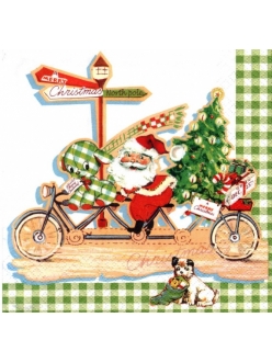 Новогодняя салфетка для декупажа Дед Мороз на велосипеде, 33х33 см, Германия