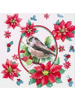 Салфетка новогодняя для декупажа Зимняя птица и пуансетия, 33х33 см, Германия