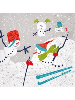 Новогодняя салфетка для декупажа Снеговики на лыжах, 33х33 см, Paw (Польша)