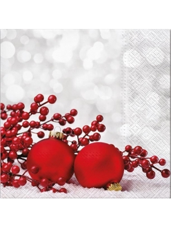 Новогодняя салфетка для декупажа Красные ягоды и шарики, 33х33 см, Paw (Польша)