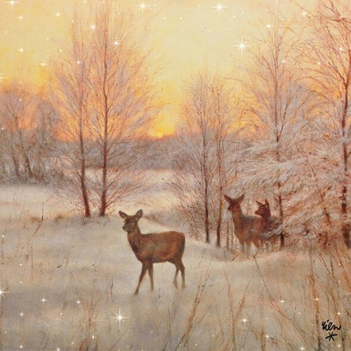 Новогодняя салфетка для декупажа Олени и зимний закат, 33х33 см, Ambiente Голландия