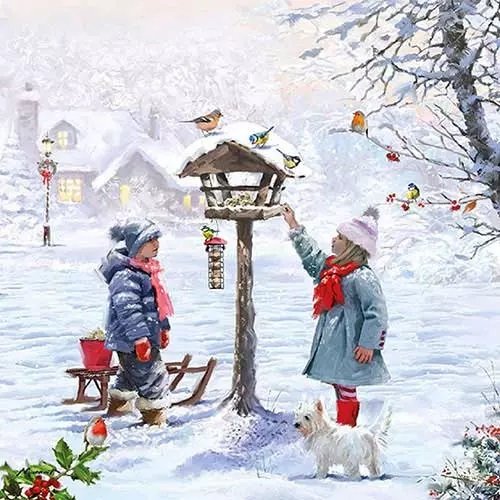 Новогодняя салфетка для декупажа Дети и птицы, 33х33 см, Ambiente Голландия