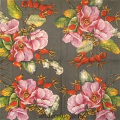 Салфетка для декупажа IHR-201298 "Шиповник на коричневом", 33х33 см, Германия