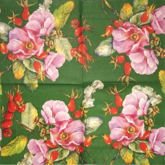 Салфетка для декупажа IHR-201299 "Шиповник на зеленом", 33х33 см, Германия