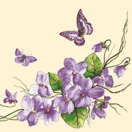 Салфетка для декупажа Фиалки и бабочки, 33х33 см, POL-MAK