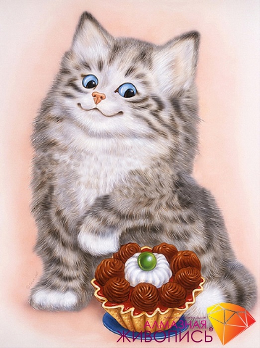 Картина стразами Кот и пирожное Алмазная живопись