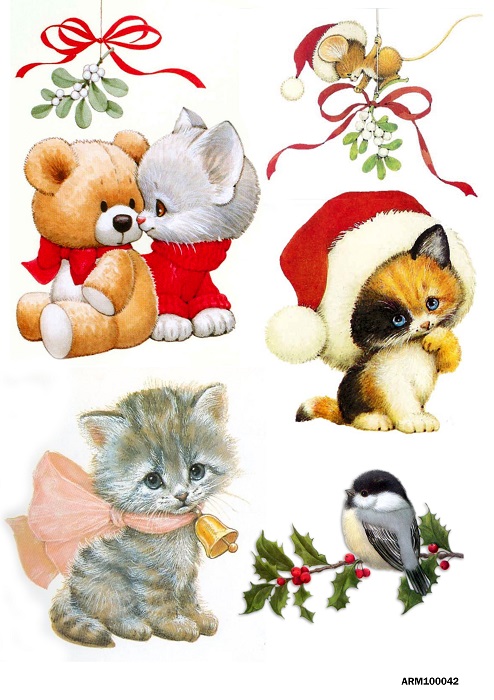 Новогодняя рисовая бумага для декупажа Рождественский котенок