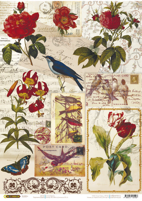 Рисовая бумага для декупажа Открытки с птицами и цветами Craft Premier, АртДекупаж