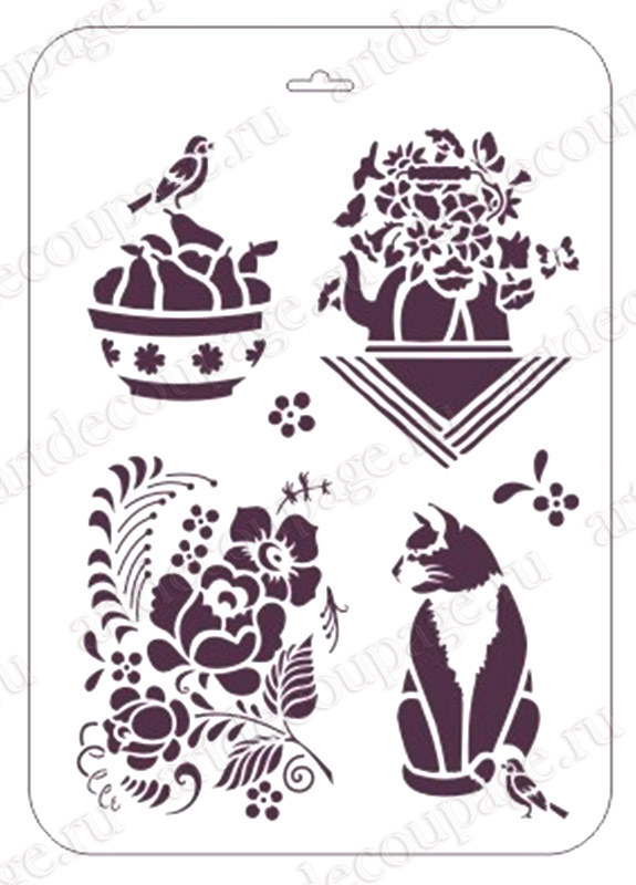 Трафареты для декупажа и росписи Кошка цветы орнамент Трафарет-Дизайн
