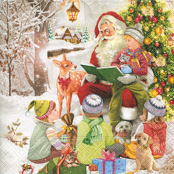 Новогодняя салфетка для декупажа Дед Мороз и дети