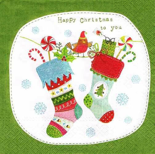Новогодняя салфетка для декупажа Рождественские носки с подарками
