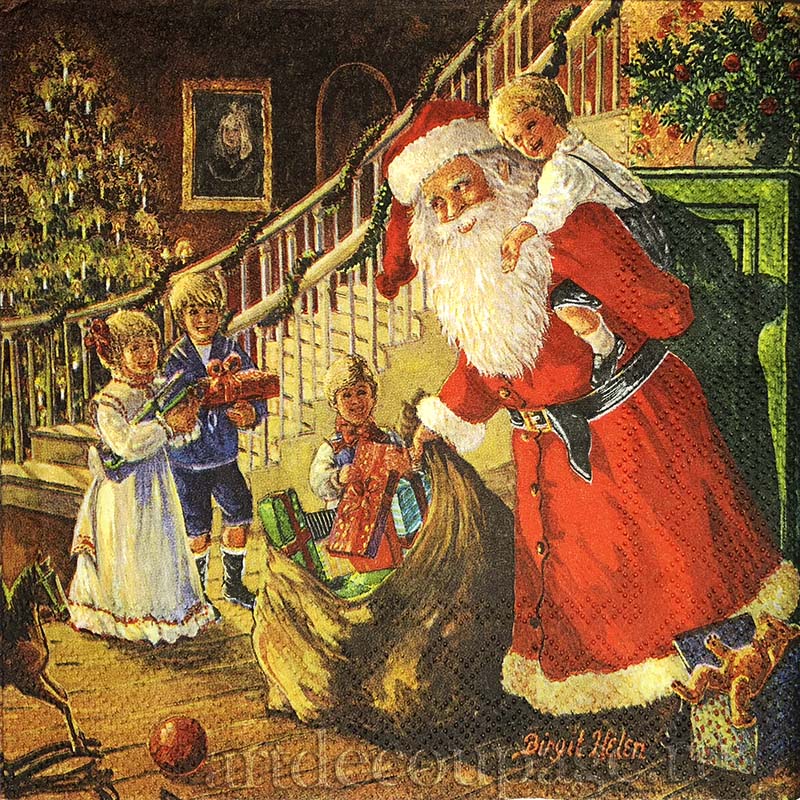 Новогодняя салфетка для декупажа Санта с подарками и дети, АртДекупаж