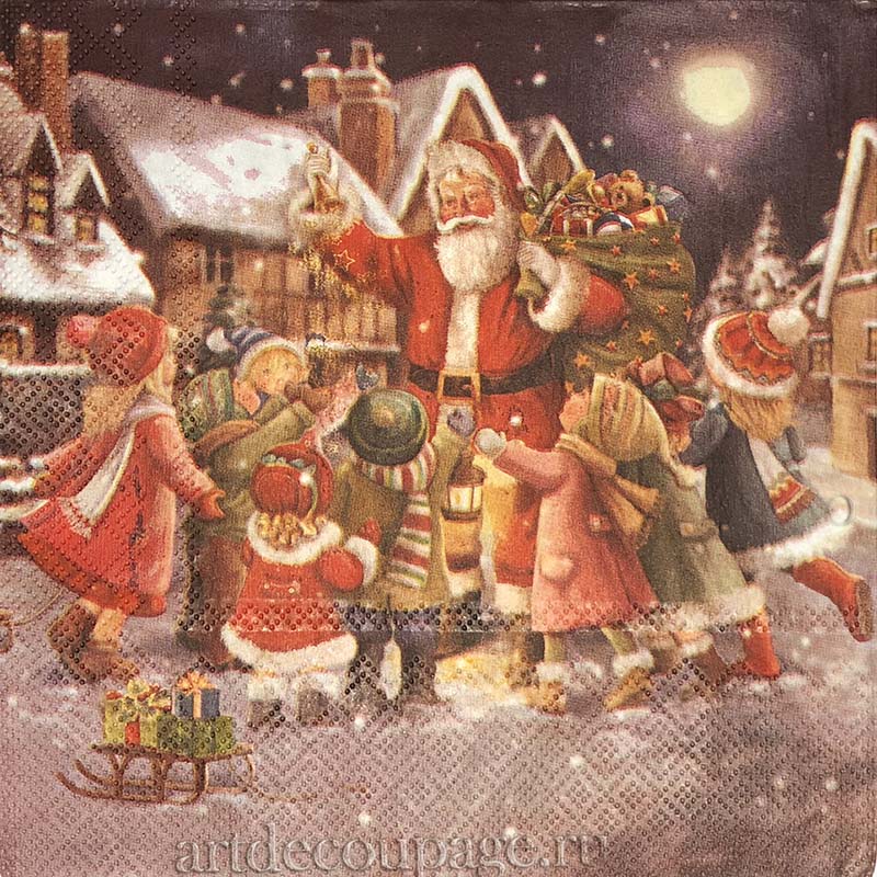 Новогодняя салфетка для декупажа Санта и дети на площади, АртДекупаж
