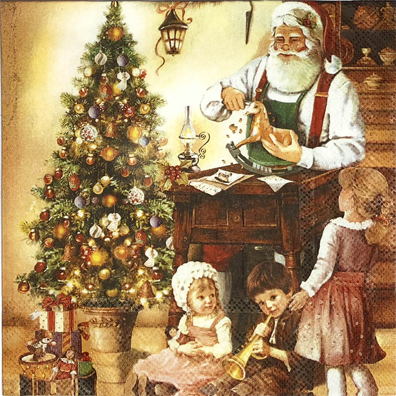 Новогодняя салфетка для декупажа Санта и дети, АртДекупаж