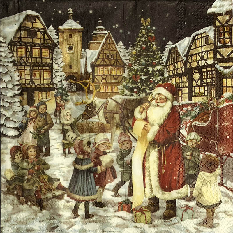 Новогодняя салфетка для декупажа Санта раздает подарки, АртДекупаж