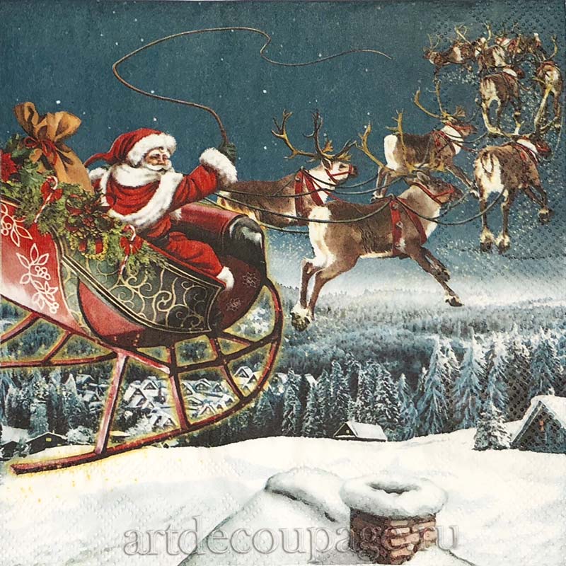 Новогодняя салфетка для декупажа Санта на оленях, АртДекупаж