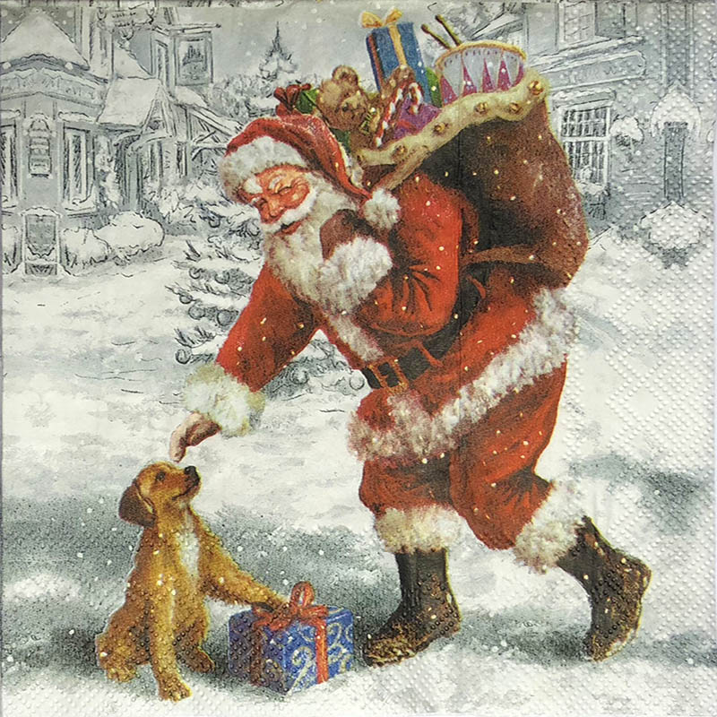 Новогодняя салфетка для декупажа Санта и щенок, АртДекупаж