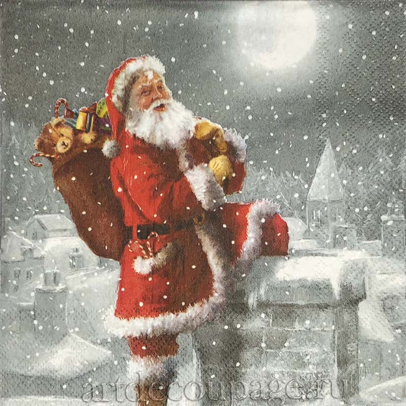 Новогодняя салфетка для декупажа Санта на крыше дома, АртДекупаж