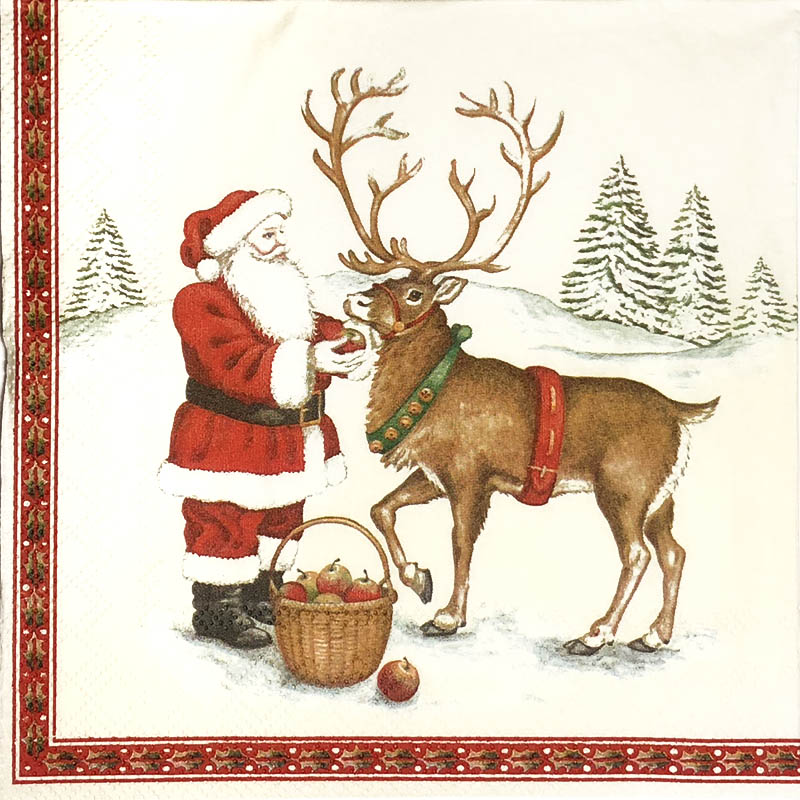 Новогодняя салфетка для декупажа Санта и северный олень, АртДекупаж