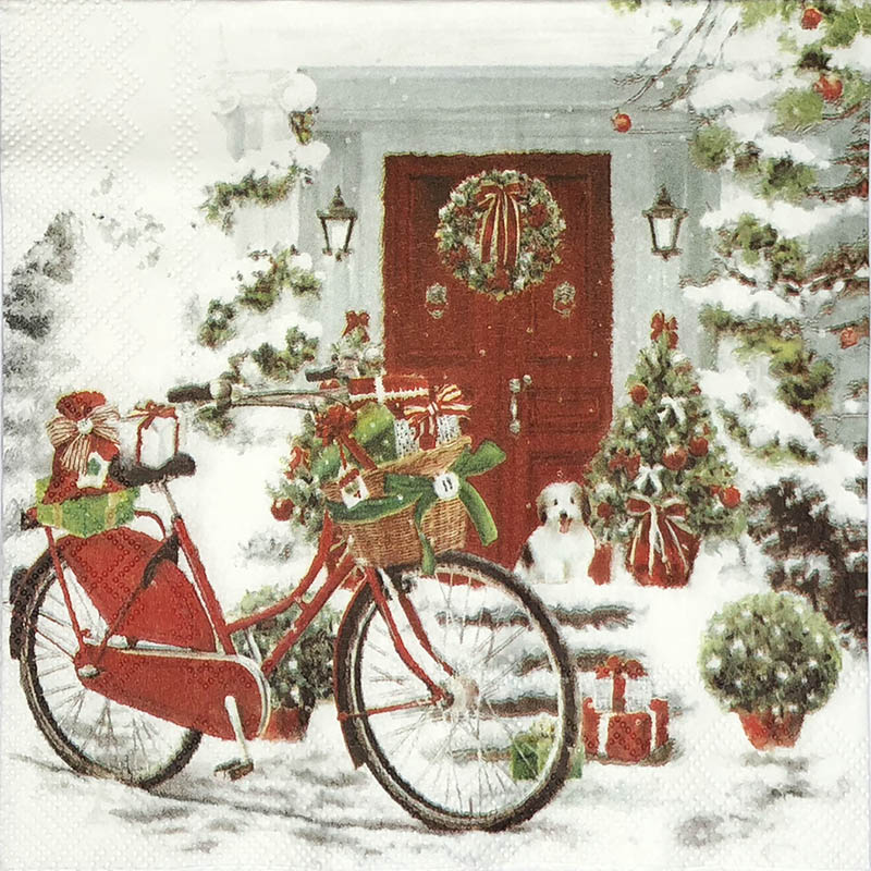 Новогодняя салфетка для декупажа Велосипед с подарками, АртДекупаж