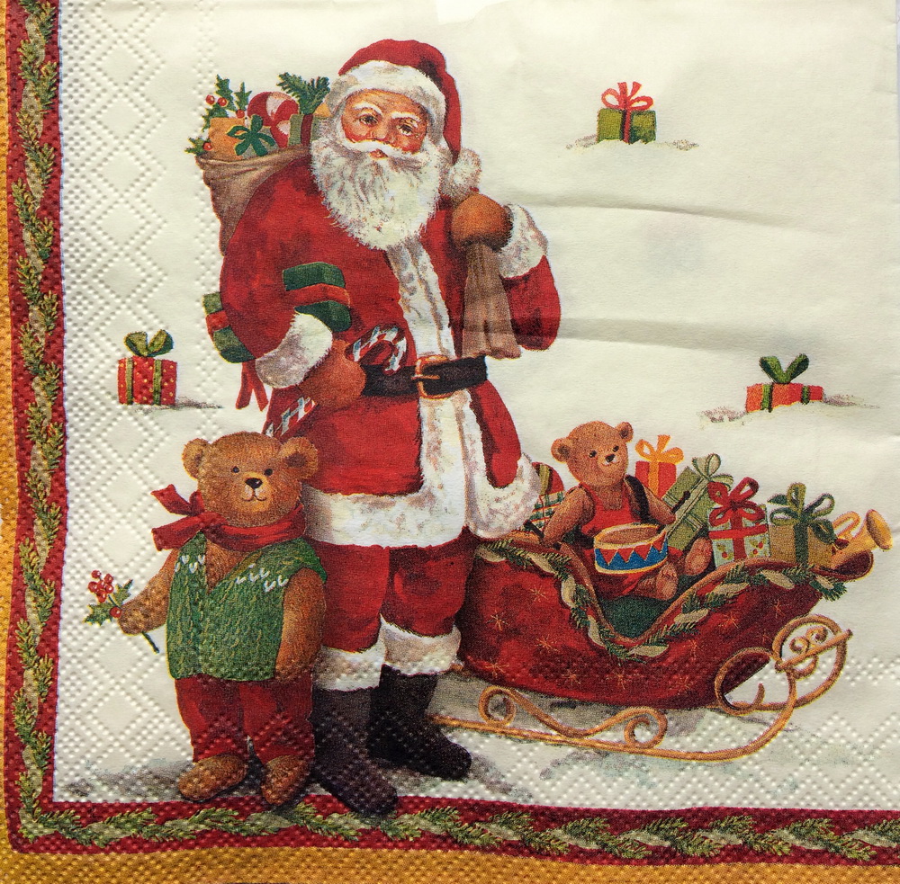 Новогодняя салфетка для декупажа Санта с игрушками