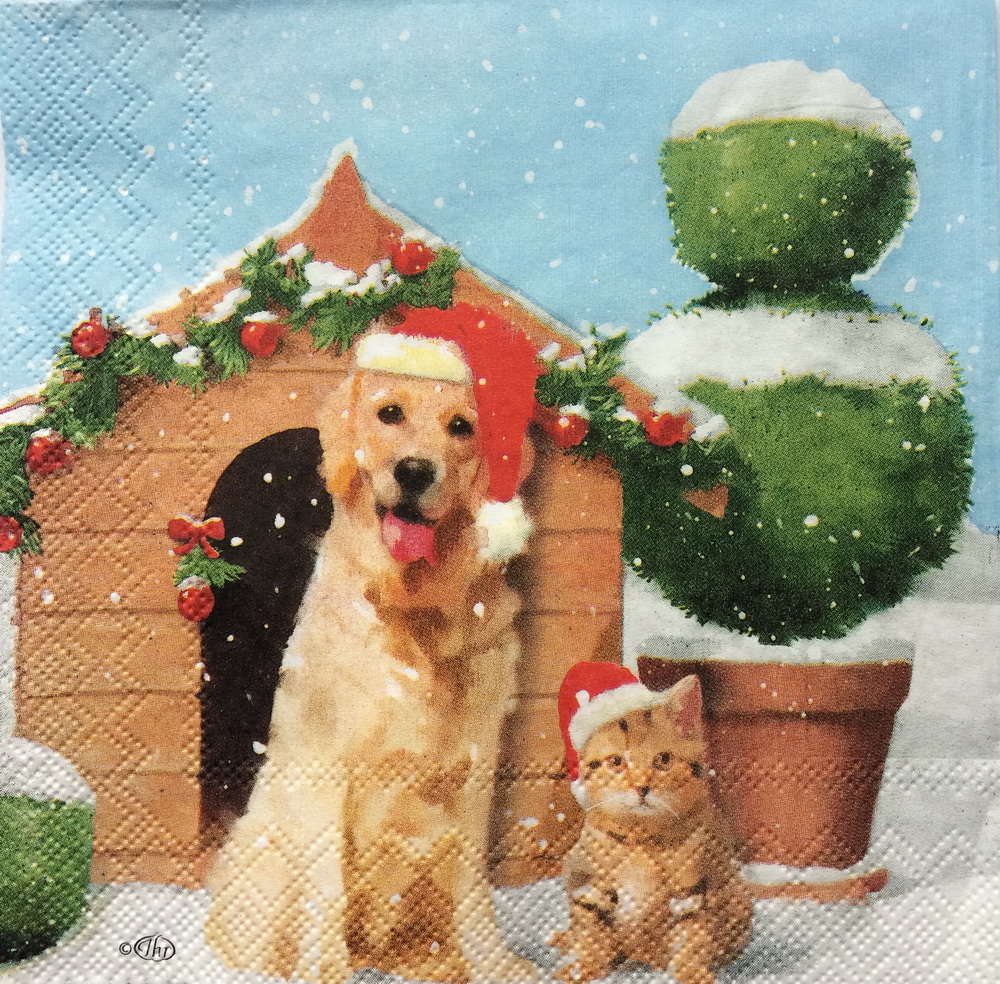 Новогодняя салфетка для декупажа Рождественские собака и кот