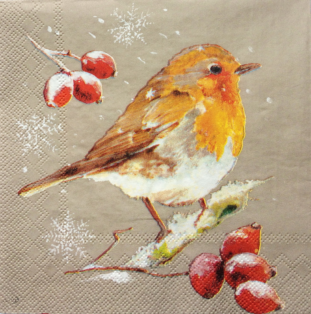 Новогодняя салфетка для декупажа Птичка и зимние ягоды