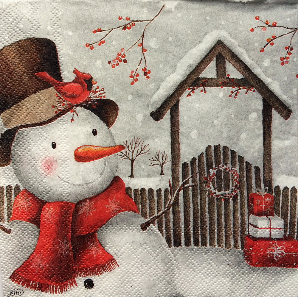 Новогодняя салфетка для декупажа Снеговик у калитки