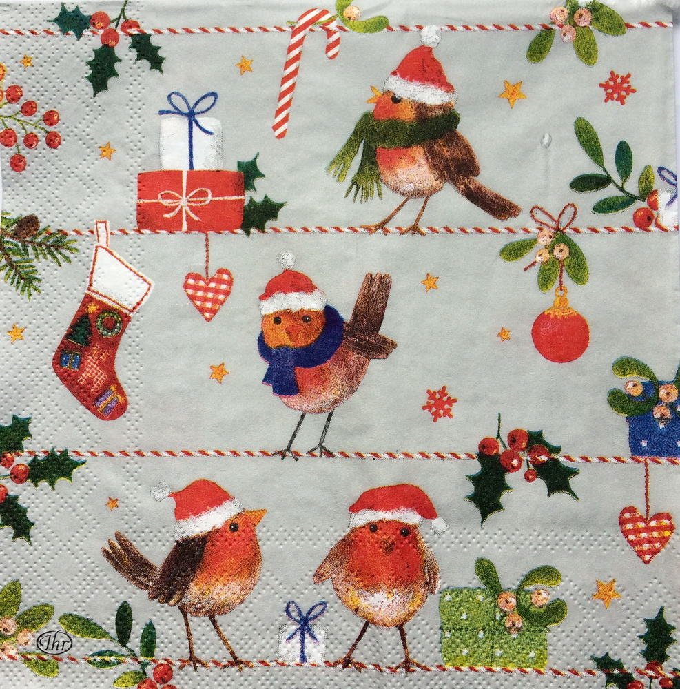 Новогодняя салфетка для декупажа Рождественские птички и подарки